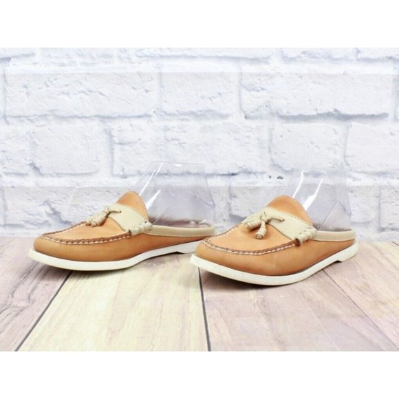 LL Bean Tan Leather Mule Flat Slide Moc Toe Open Back Loafer Size 6 M - Picture 2 of 9